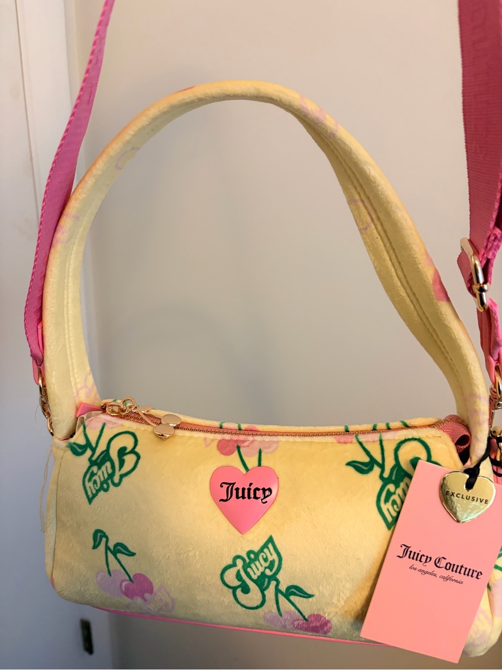 NWT Juicy Couture Retro Cherry Gelato Barrel Shoulder Bag Yellow Pink Velour Y2K